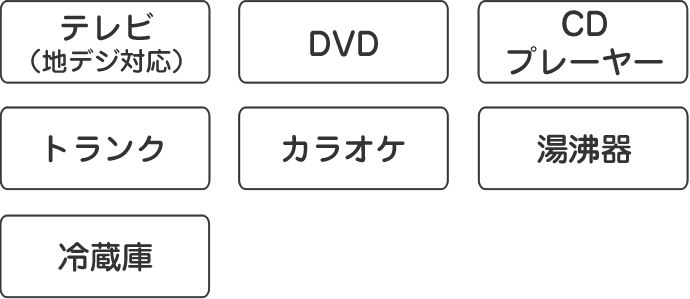 テレビ（地デジ対応）、DVD、CDプレーヤー、トランク、カラオケ、湯沸器、冷蔵庫