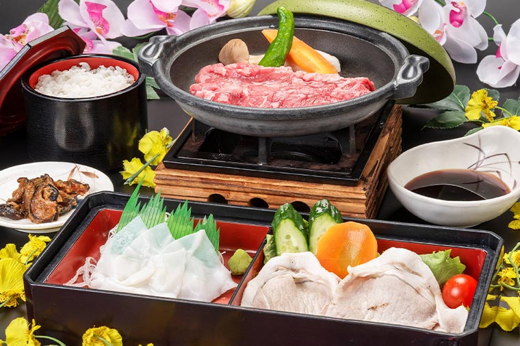 甲州ワインビーフ陶板焼きと富士桜ポーク冷しゃぶ