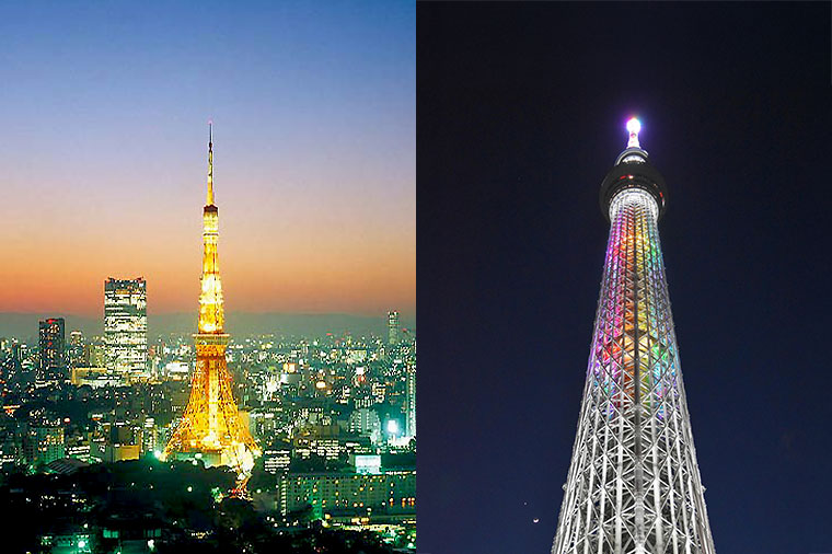 夕暮れの東京タワー・夜のスカイツリー