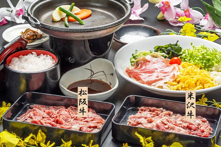 松阪・米沢牛陶板焼き食べ比べとサラダおざら